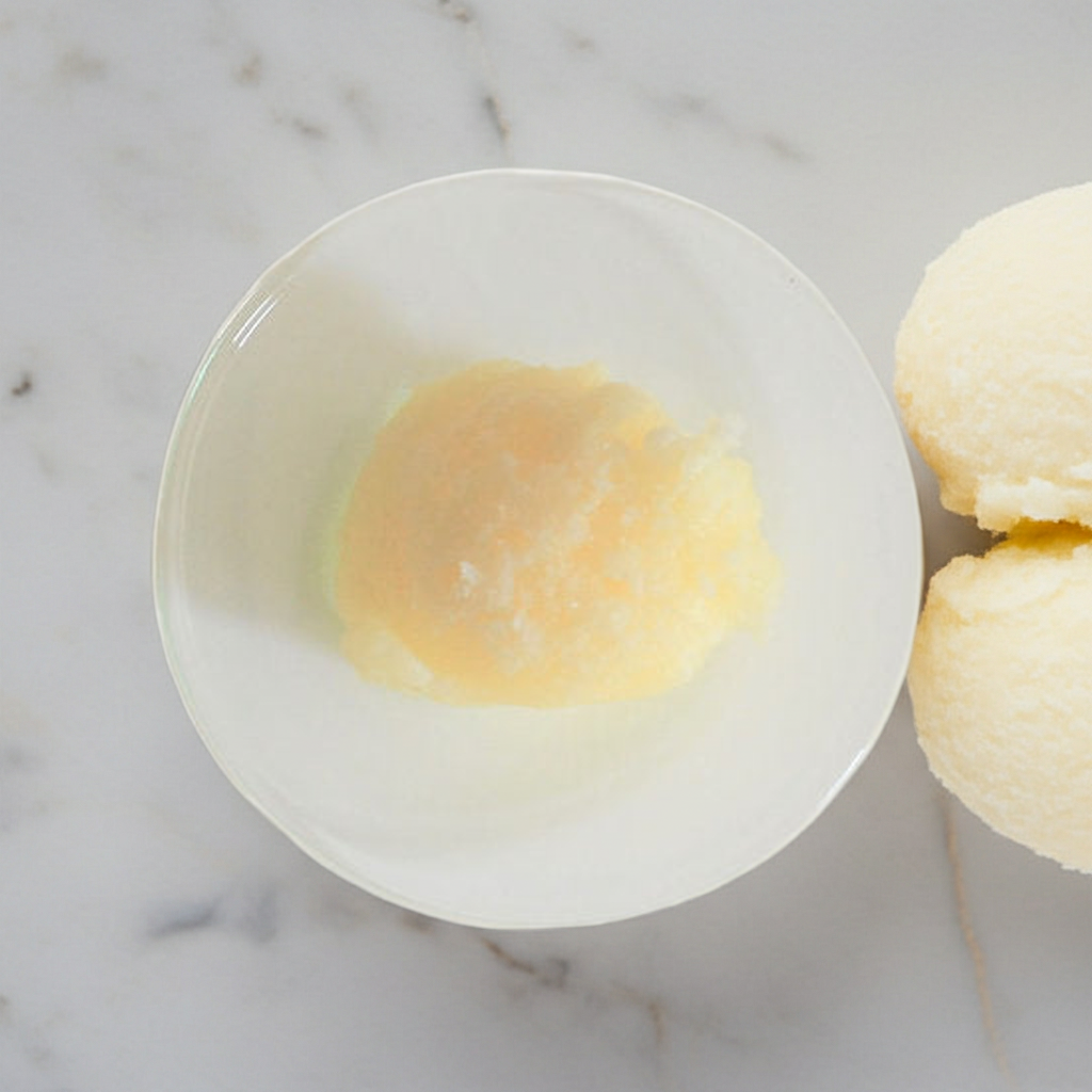 Cremige Sheabutter Nilotica in weißer Schale auf hellem Marmorhintergrund – zart schmelzende, bio-raffinierte Variante aus Uganda