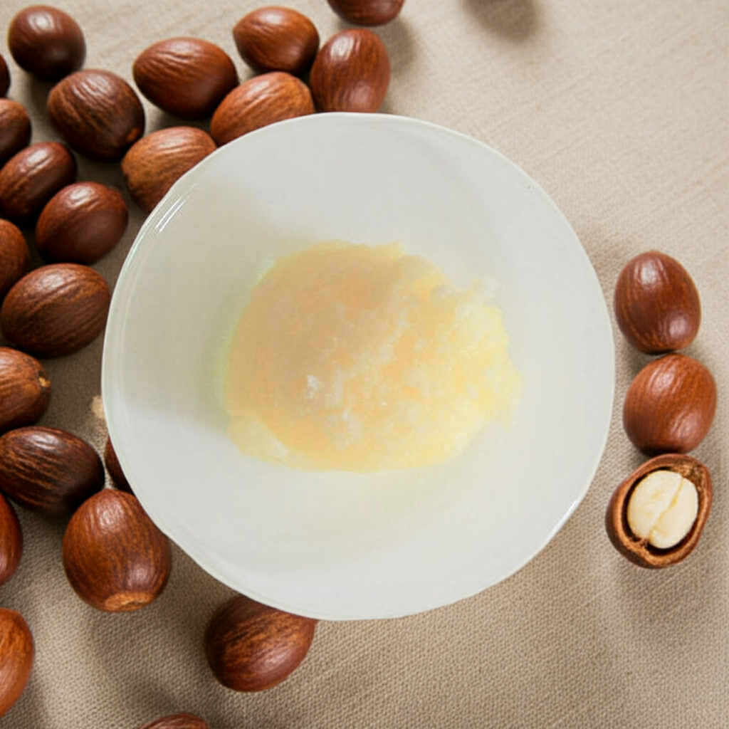 Ostafrikanische Sheanüsse mit Sheabutter Nilotica in weißer Schale auf hellem Naturstoff – nachhaltiger Rohstoff aus Uganda