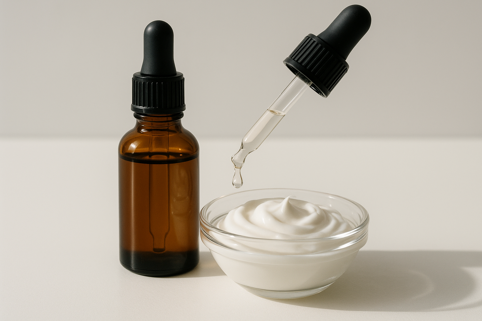 Pflanzliches Squalan in Braunglas; Pipette mit Tropfen über einer Creme für besseres Einziehverhalten