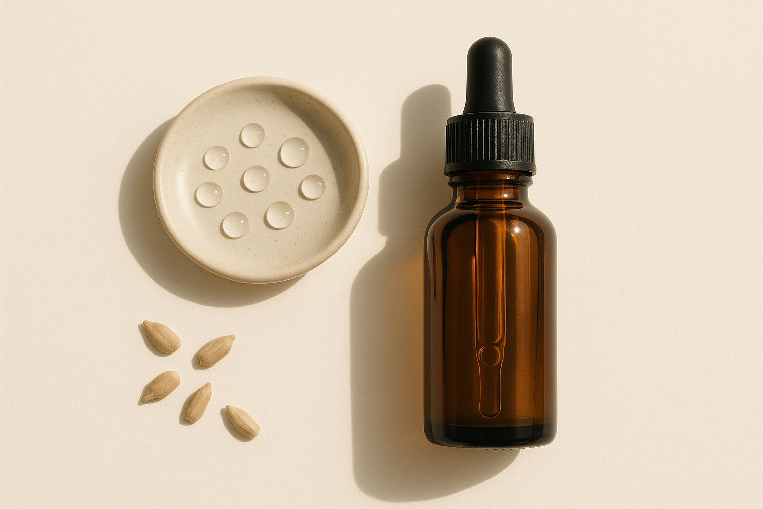 Vitamin E-Öl in Braunglas mit Pipette und Sonnenblumenkernen – antioxidativer DIY-Wirkstoff.