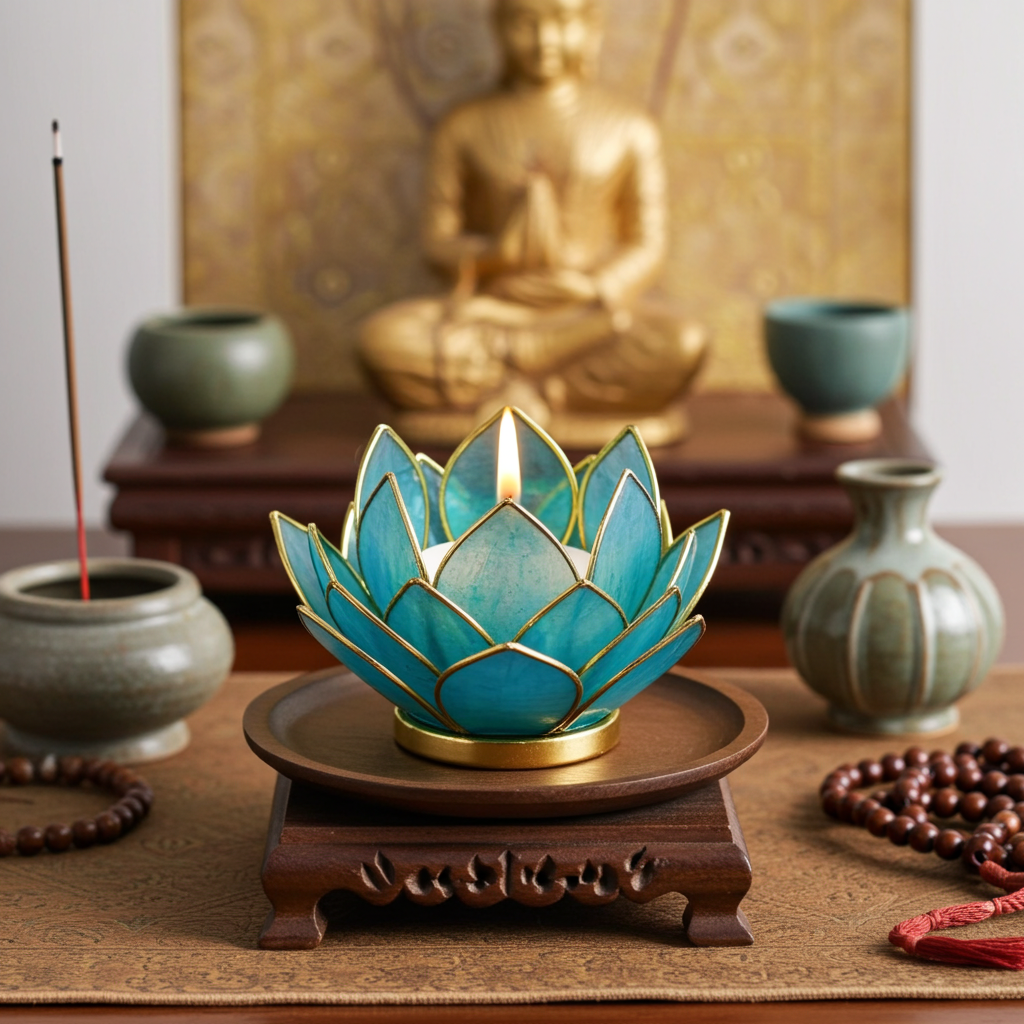 Lotos-Teelichthalter aus Capiz-Muschel – Blau · Handgefertigte Blütenform