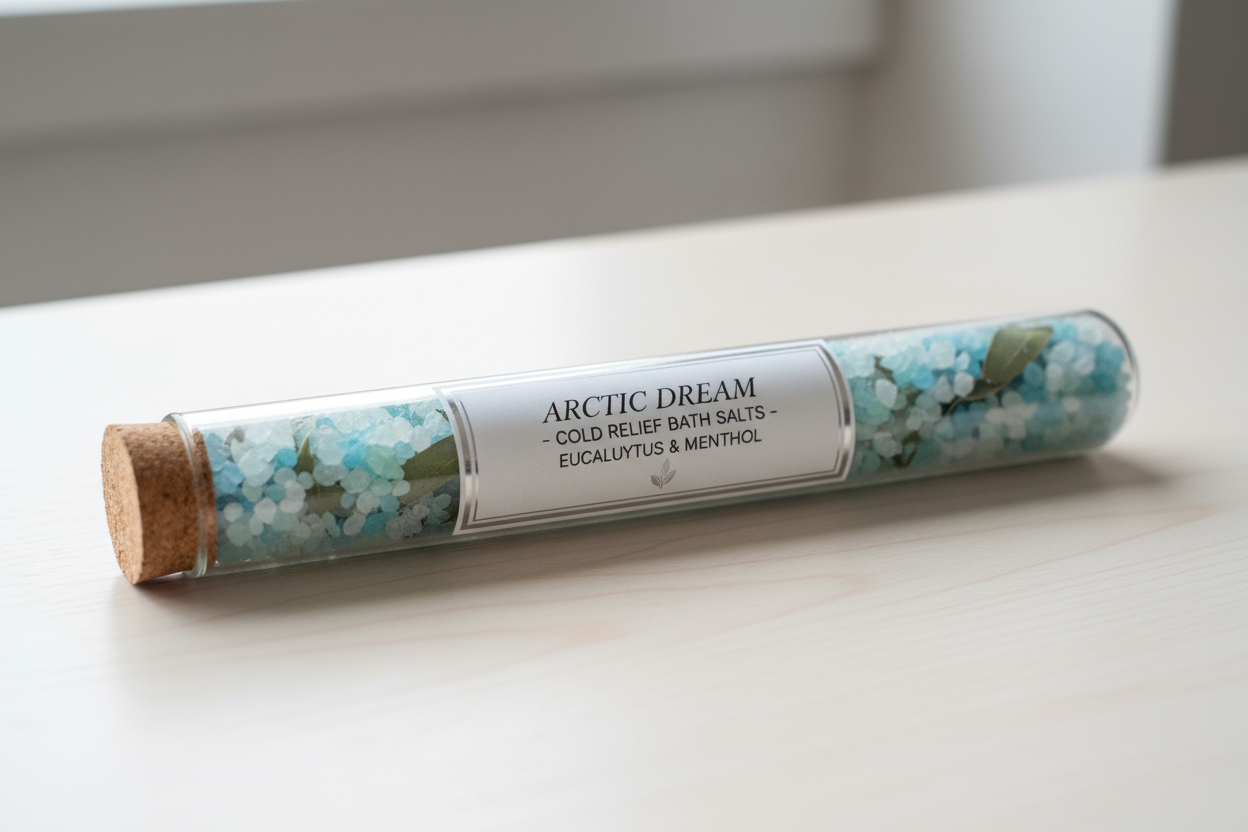 Abgefülltes Badesalz mit Erkältungsduft im Reagenzglas mit Korken und Label