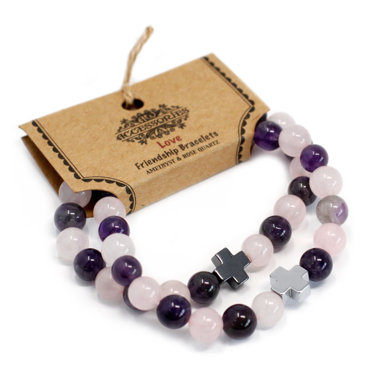 1x Set mit 2 Edelstein-Freundschaftsarmbändern – Liebe – Amethyst & Rosenquarz