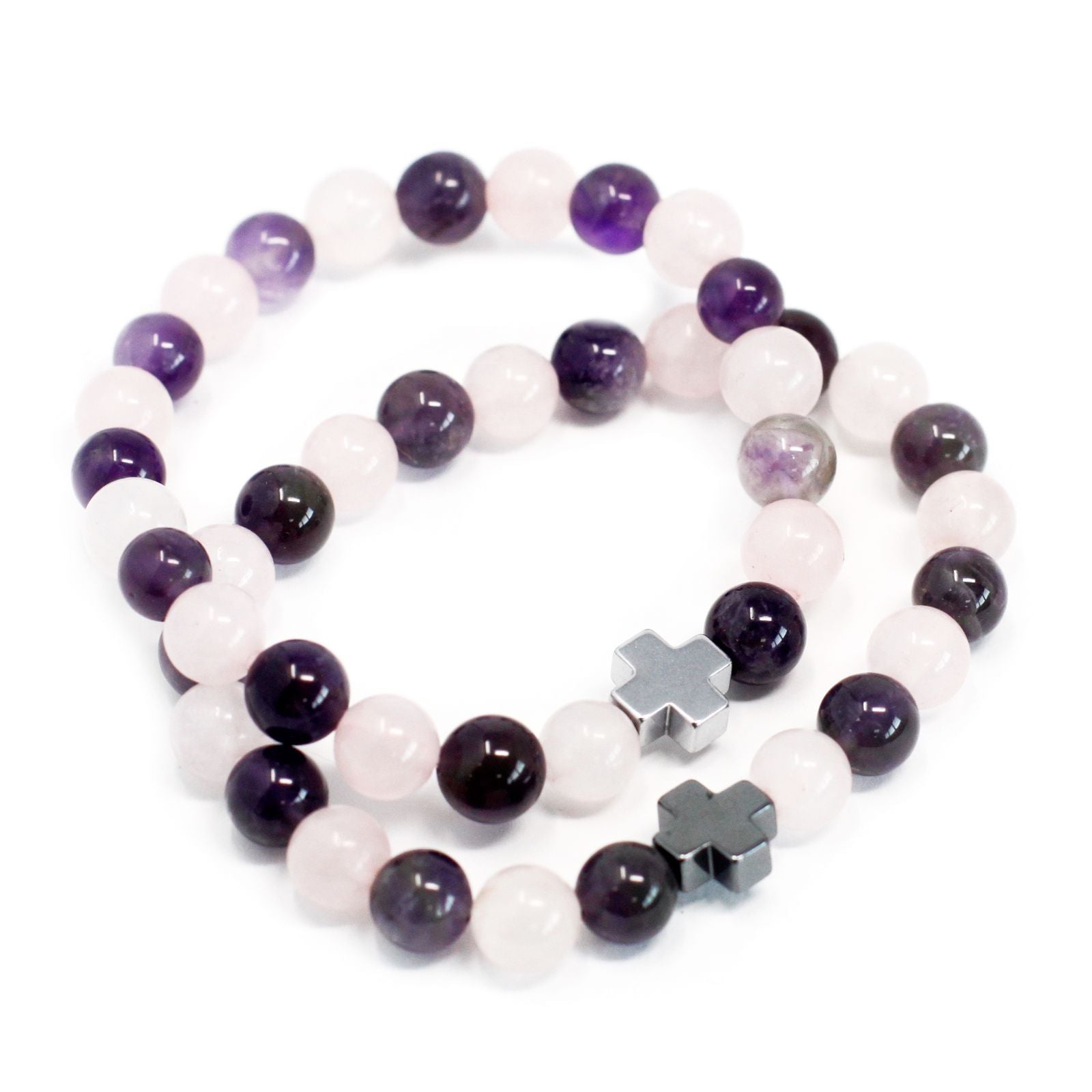 1x Set mit 2 Edelstein-Freundschaftsarmbändern – Liebe – Amethyst & Rosenquarz