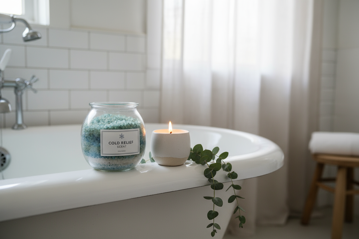 Badewannenrand mit Glas Badesalz mit Erkältungsduft, Kerze, Eukalyptus