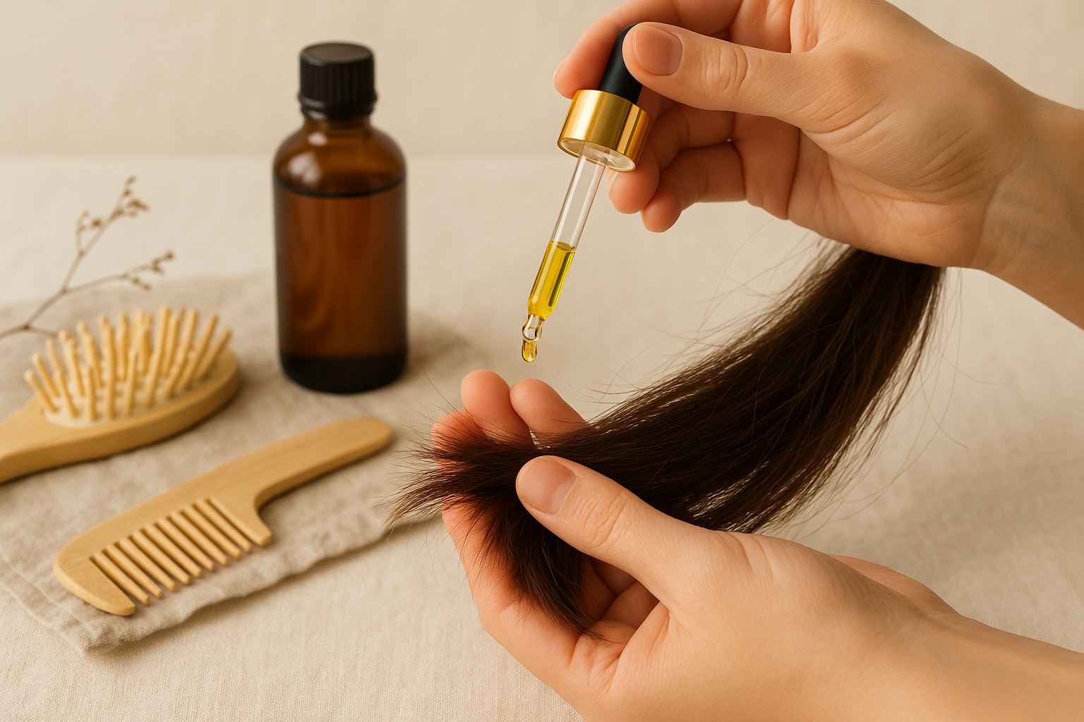 Baobaböl wird in Haarspitzen verteilt – leichte Pflege gegen Trockenheit & Spliss.