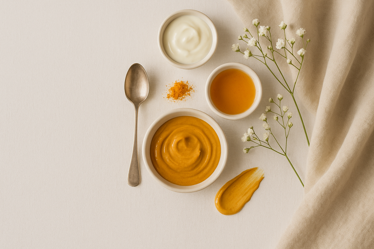 DIY-Maske aus Bio Kurkuma mit Honig/Joghurt im Flatlay auf Leinen.