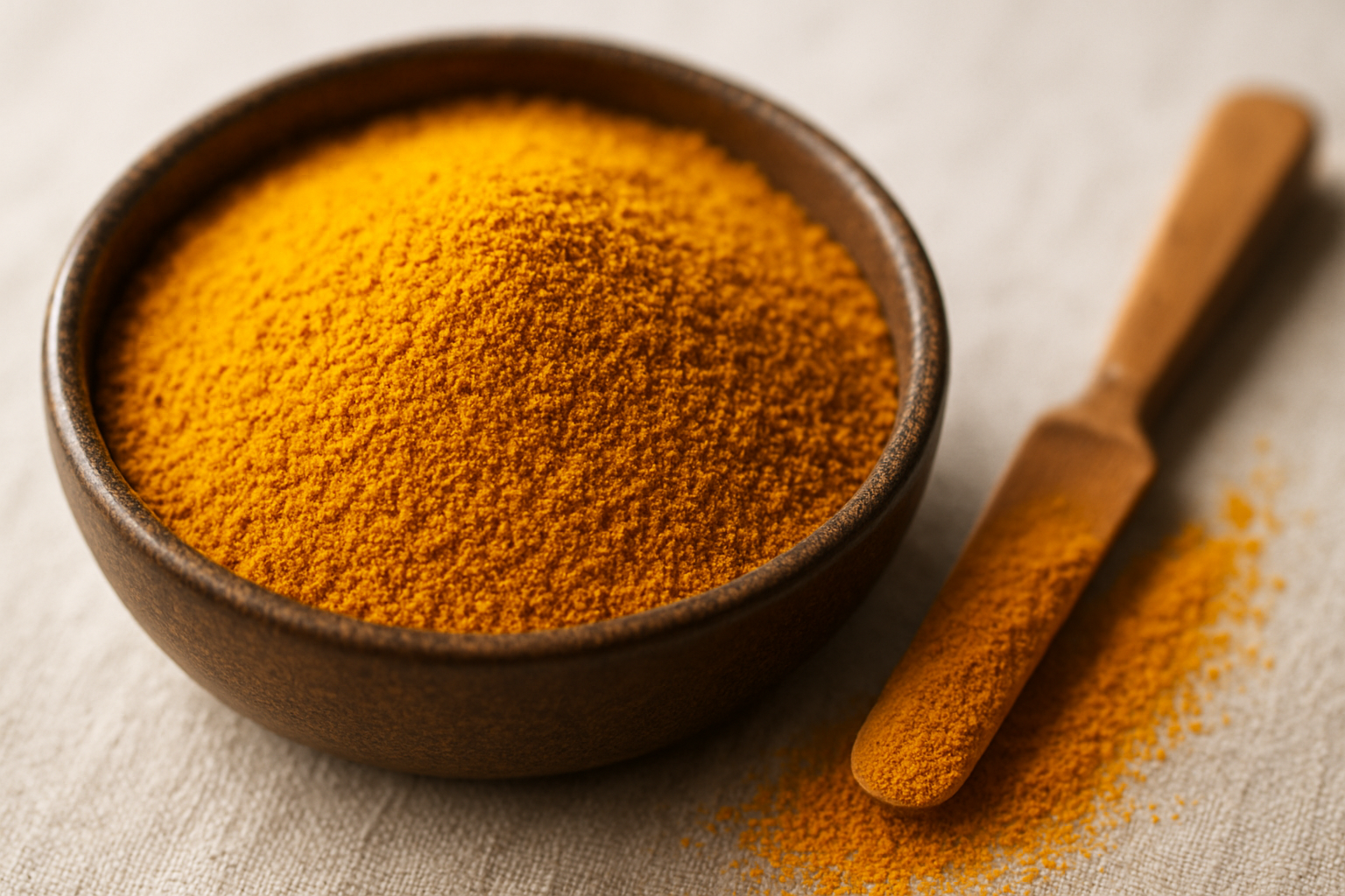 Schale mit Kurkumapulver, daneben ein kleiner Spatel, der eine feine Fein gemahlenes Bio Kurkuma Pulver im Makro, goldgelbe Textur in Schale.