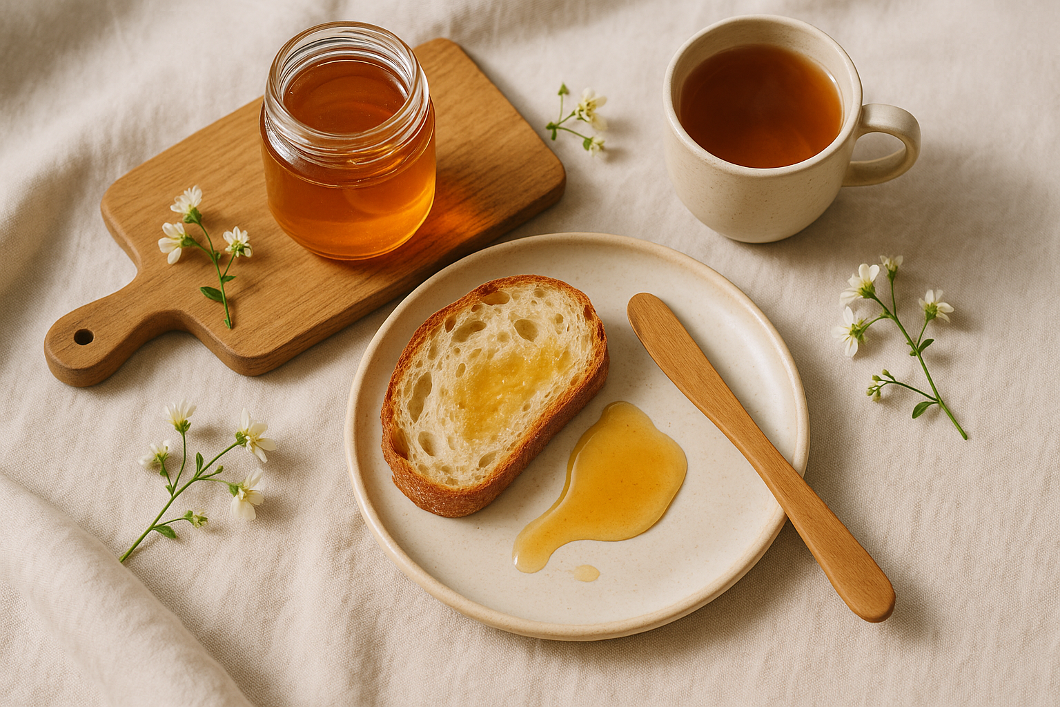 Bio-Wildblumenhonig beim Frühstück: Honigglas, Brot und Tee auf Leinen – naturbelassen