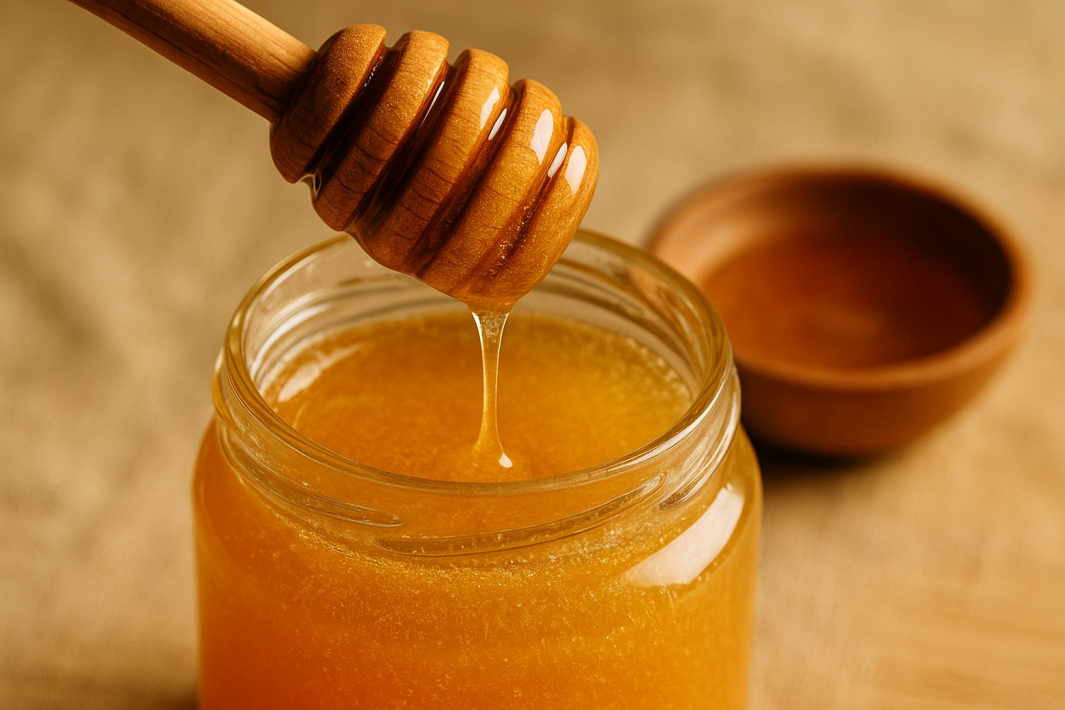 Roher Bio-Wildblumenhonig im Makro: Honigfaden vom Löffel ins Glas, cremige Textur.