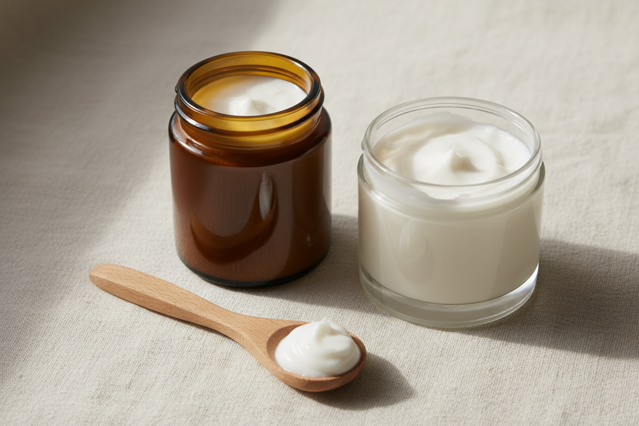 Braunglas- oder Klarglasgefäß mit weißlich-fester Konsistenz auf hellem, cremefarbenem NSD-Hintergrund
evtl. Holzlöffel mit etwas festem Öl