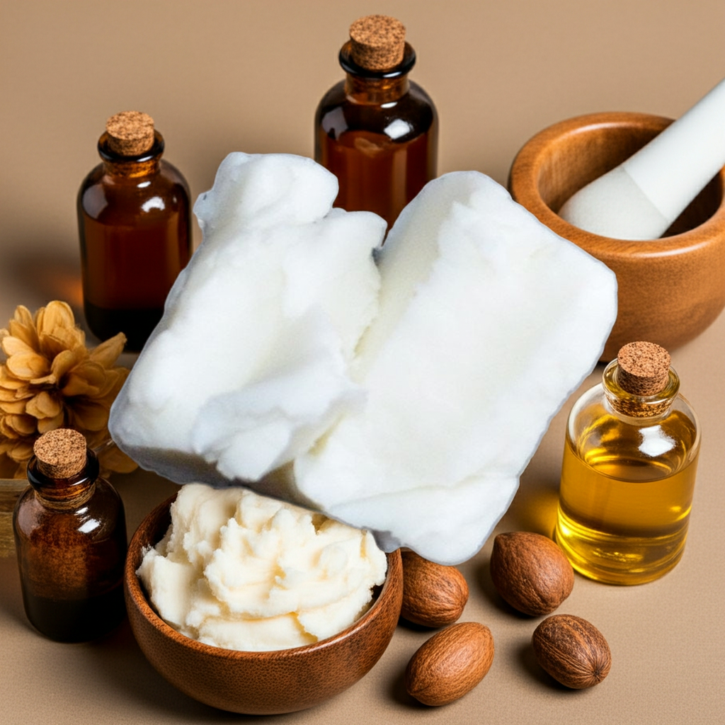 Sheabutter in einer Holzschale mit Spatel, umgeben von Glasfläschchen und Sheanüssen auf warm-beigem Hintergrund – DIY-Kosmetik-Szene