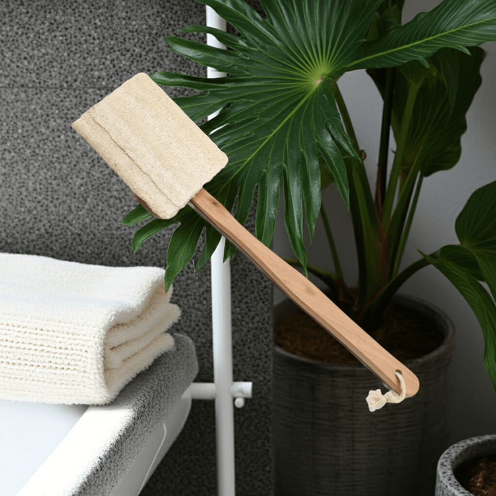 Luffa Körperbürste mit langem Griff – natürliche Massage- & Duschbürste aus Holz & Luffa