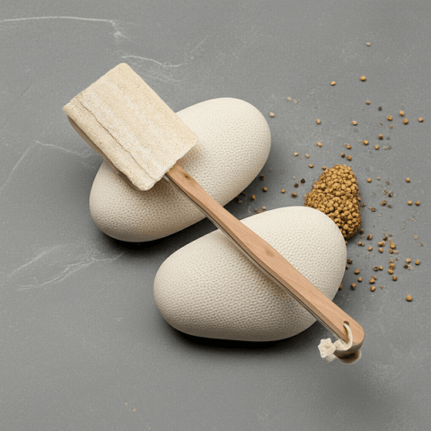 Luffa Körperbürste mit langem Griff – natürliche Massage- & Duschbürste aus Holz & Luffa