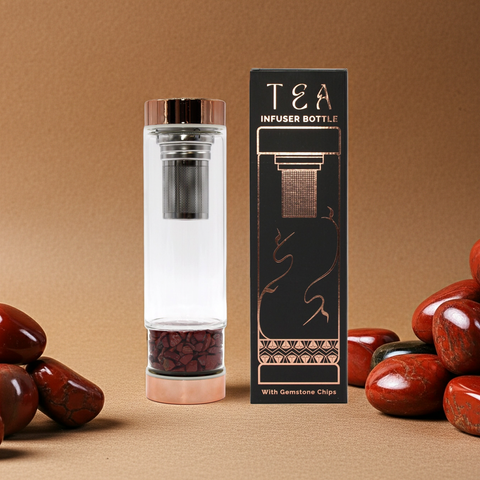 Crystal Glass Tea Infuser Bottle - Rose Gold - Red Jasper