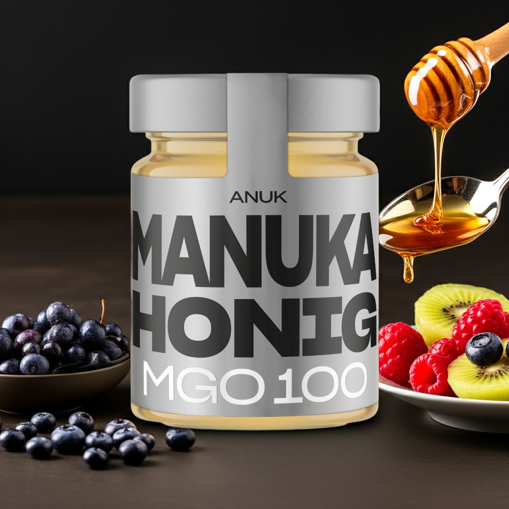 ANUK Manuka Honig – Glas mit Blaubeeren und Honiglöffel