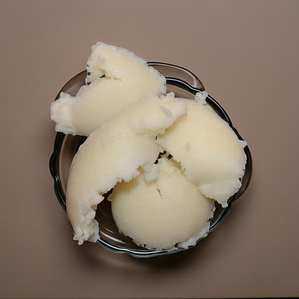 Raffinierte Mangobutter – helle, cremige Pflanzenbutter in Schale auf warmem Hintergrund, geeignet für natürliche Haut- und Haarpflege.