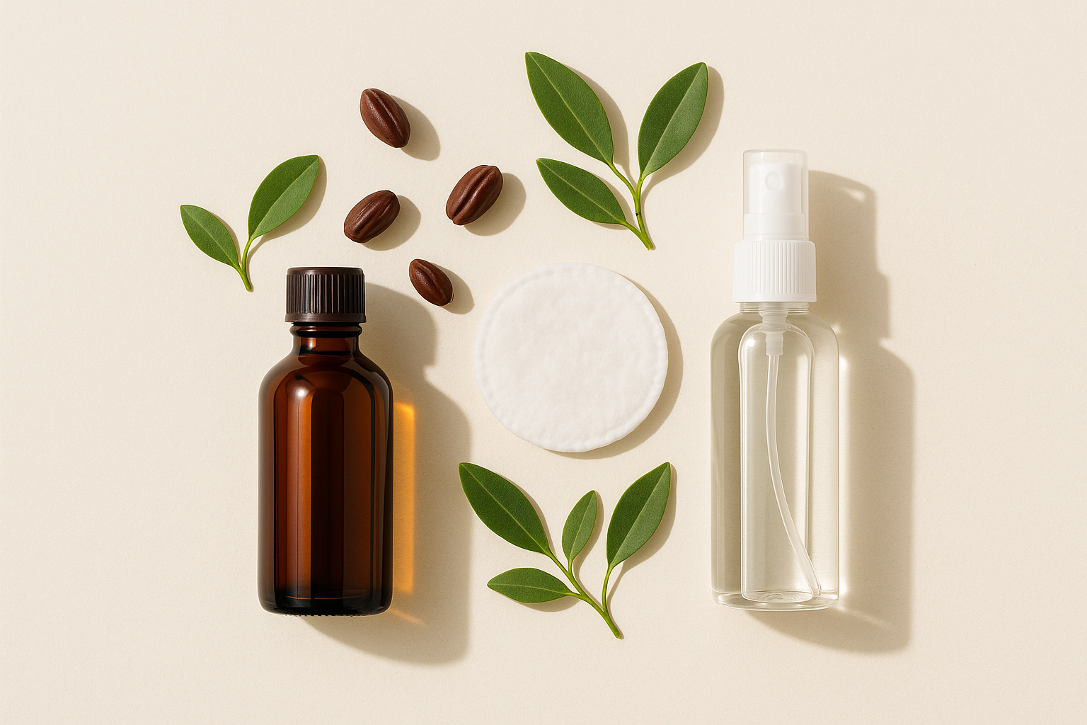 Mandelöl im Braunglas auf hellem Flatlay mit Mandeln und Handtuch