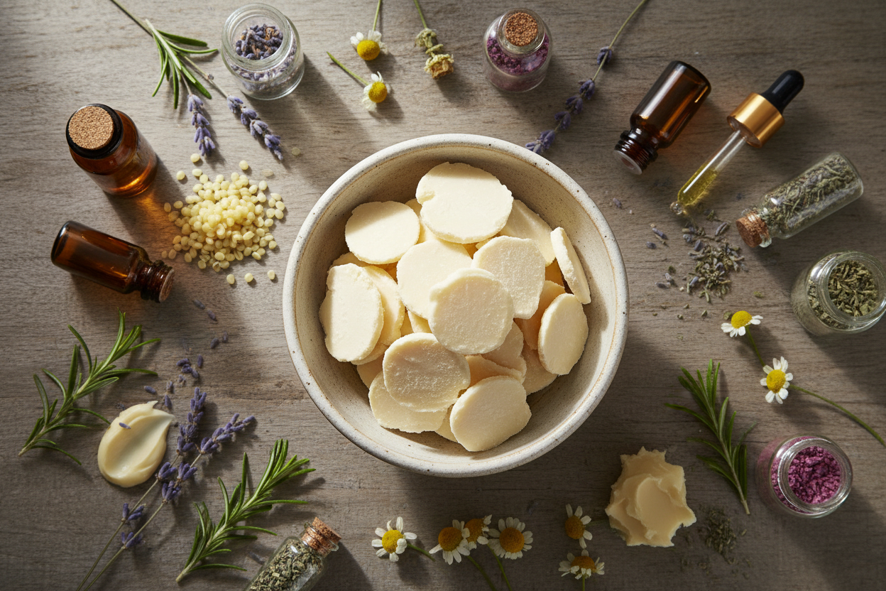 kakaobutter als chips in einer schüssel, vielleicht mit anderen zutaten zur DIY kosmetikherstellung schön draphiert