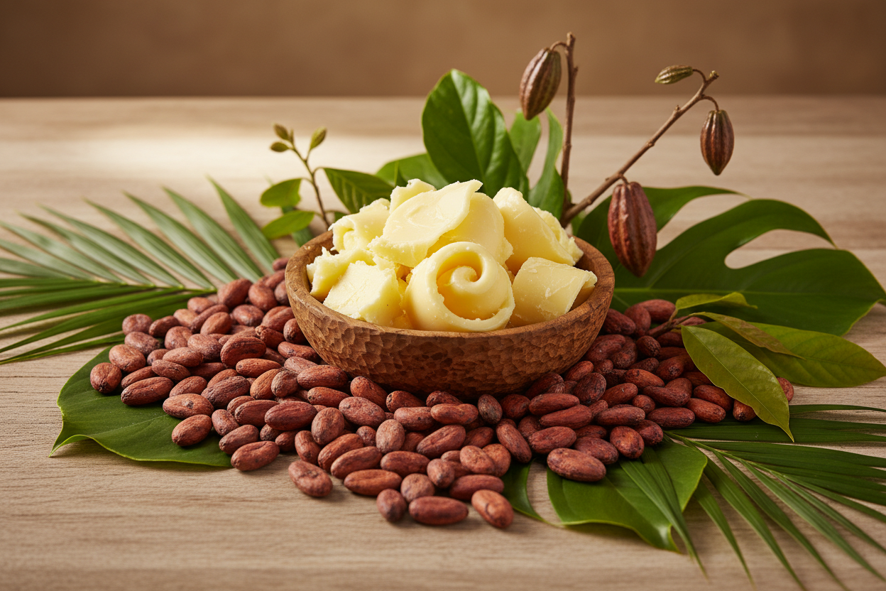 kakaobutter in einer schale mit kakaobohnen und pflanzen als deko, scjhön ansprechend draphiert 