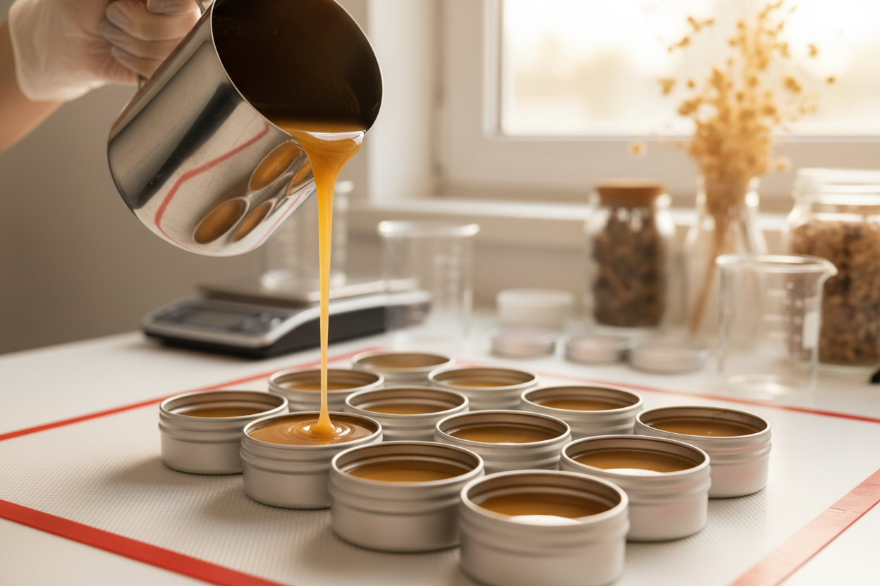 kakaobutter wird geschmolzen oder ist geschmolzen und wird in tigel gefüllt