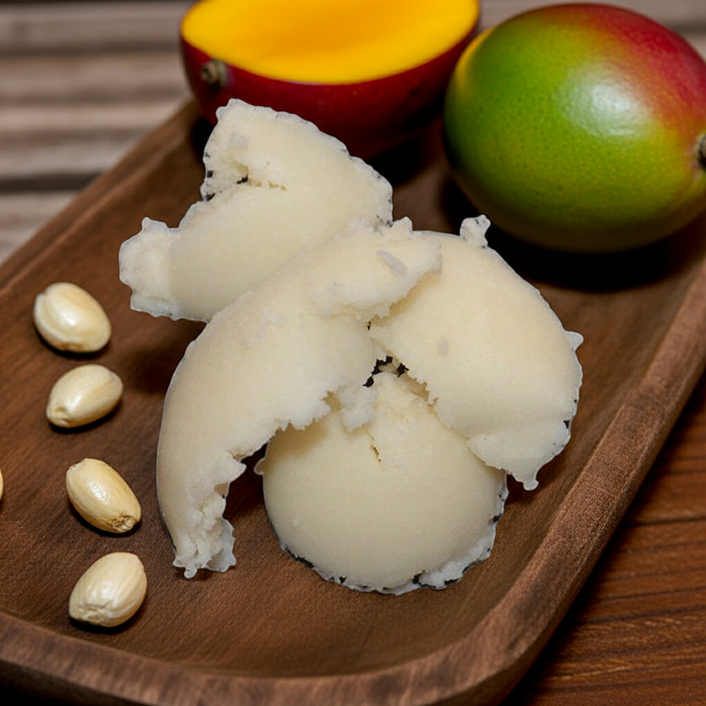Raffinierte Mangobutter mit Mango-Früchten und Samen auf Holzuntergrund – natürliche Herkunft der pflanzlichen Butter.
