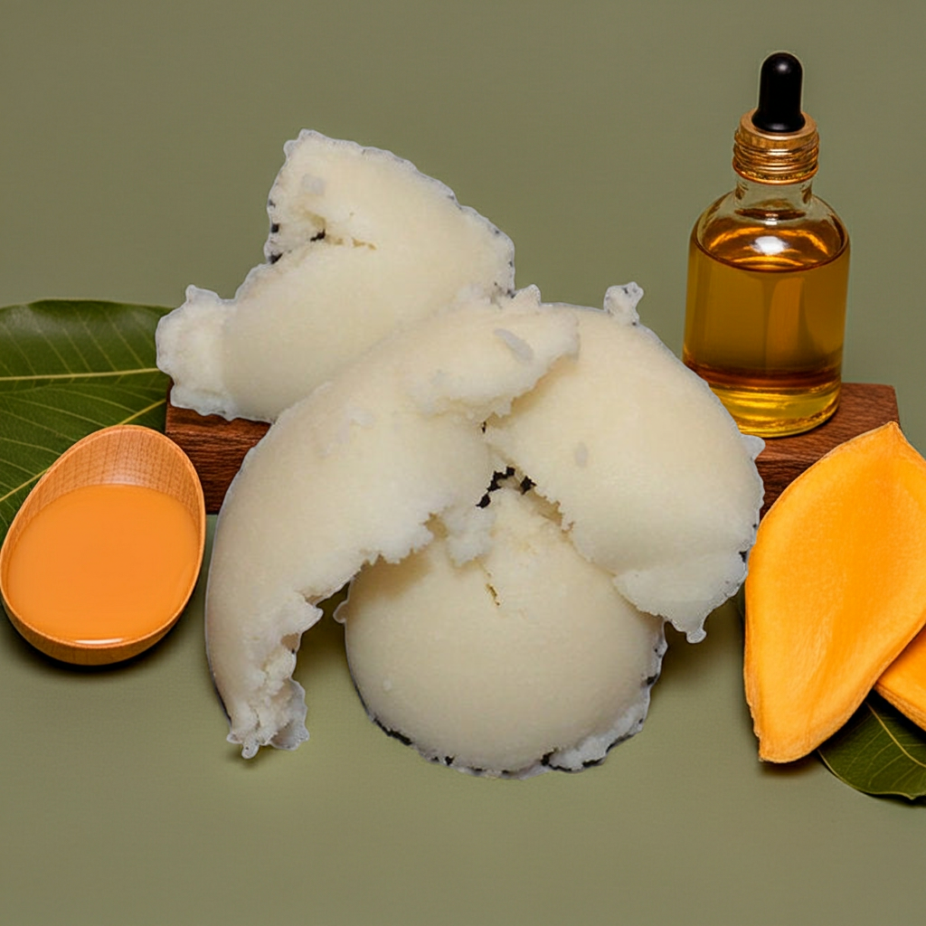 Mangobutter mit Mangostück, Blättern und kleinen Ölfalschen auf grünem Hintergrund – dekorative Produktdarstellung für natürliche Kosmetik.