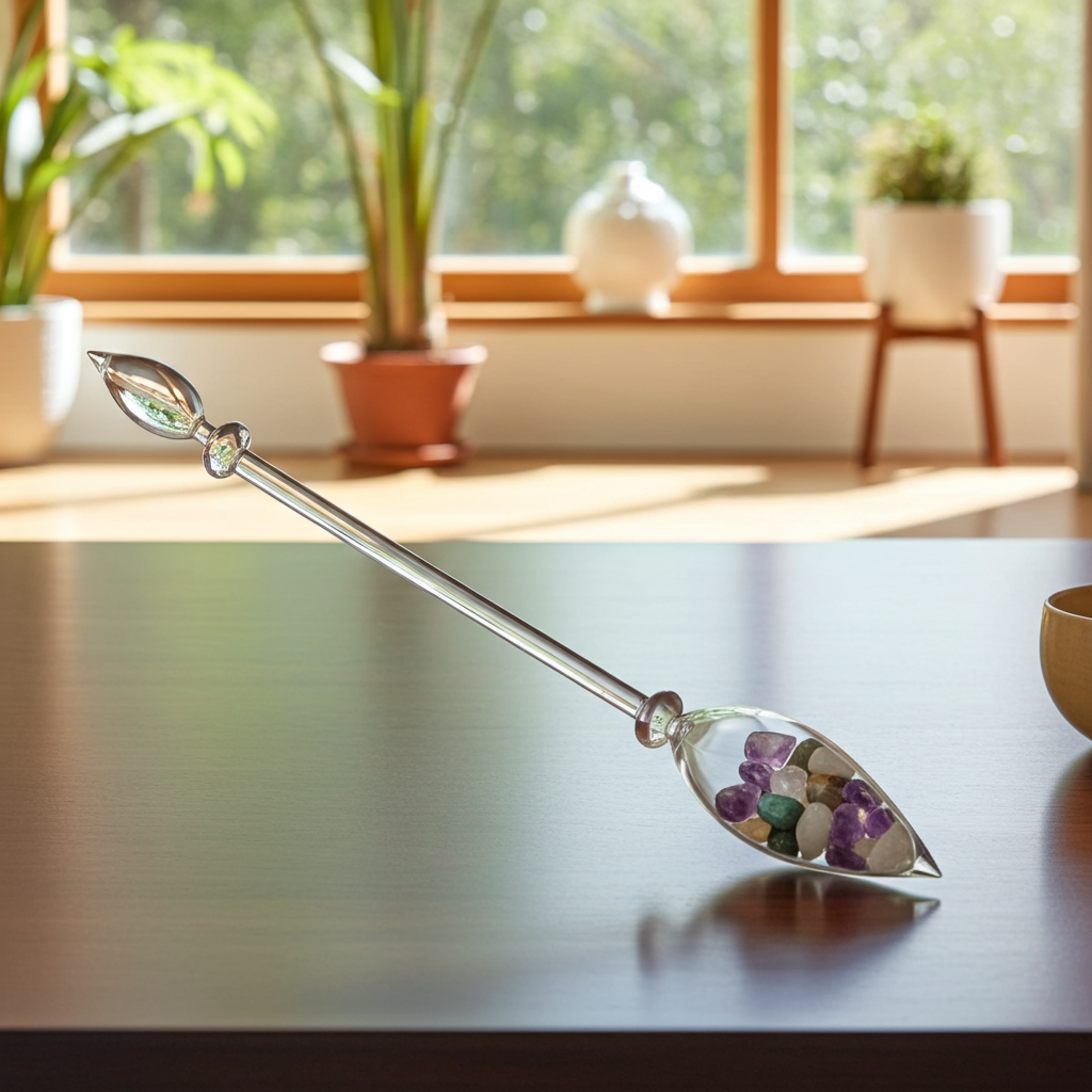 Edelsteinstab | FIVE ELEMENTS - Balance & Wandel im Alltag (Amethyst – Chalcedon – Versteinertes Holz – Rosenquarz – Ozean Jaspis)