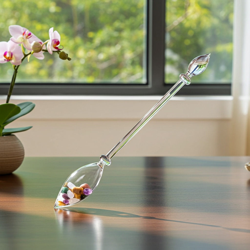 Edelsteinstab | FIVE ELEMENTS - Balance & Wandel im Alltag (Amethyst – Chalcedon – Versteinertes Holz – Rosenquarz – Ozean Jaspis)