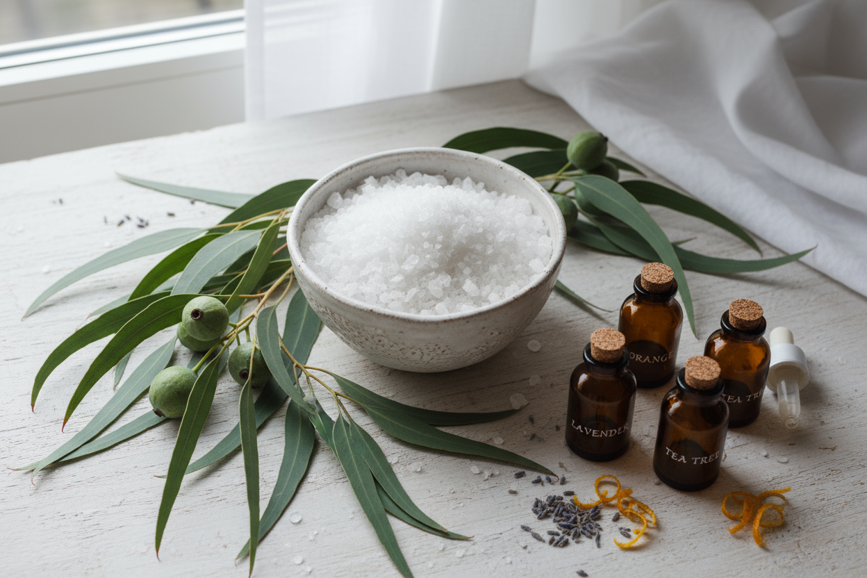 Schale mit Meersalz, Eukalyptuszweig, kleine Braunglasfläschchen (Öle)
