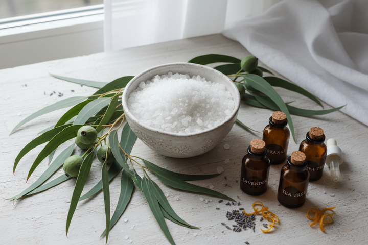 Schale mit Meersalz, Eukalyptuszweig, kleine Braunglasfläschchen (Öle)
