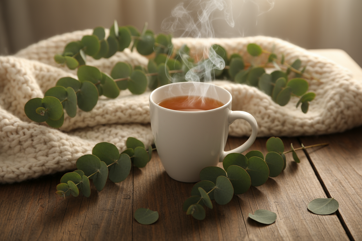Tasse Tee, Wolltuch, Eukalyptusblätter – „Erkältungsduft“ atmosphärisch