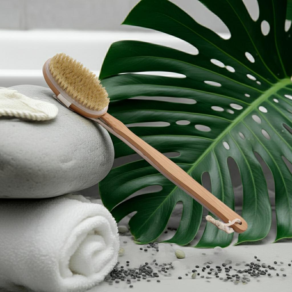 Körperbürste mit langem Griff aus Hemu-Holz und Naturborsten