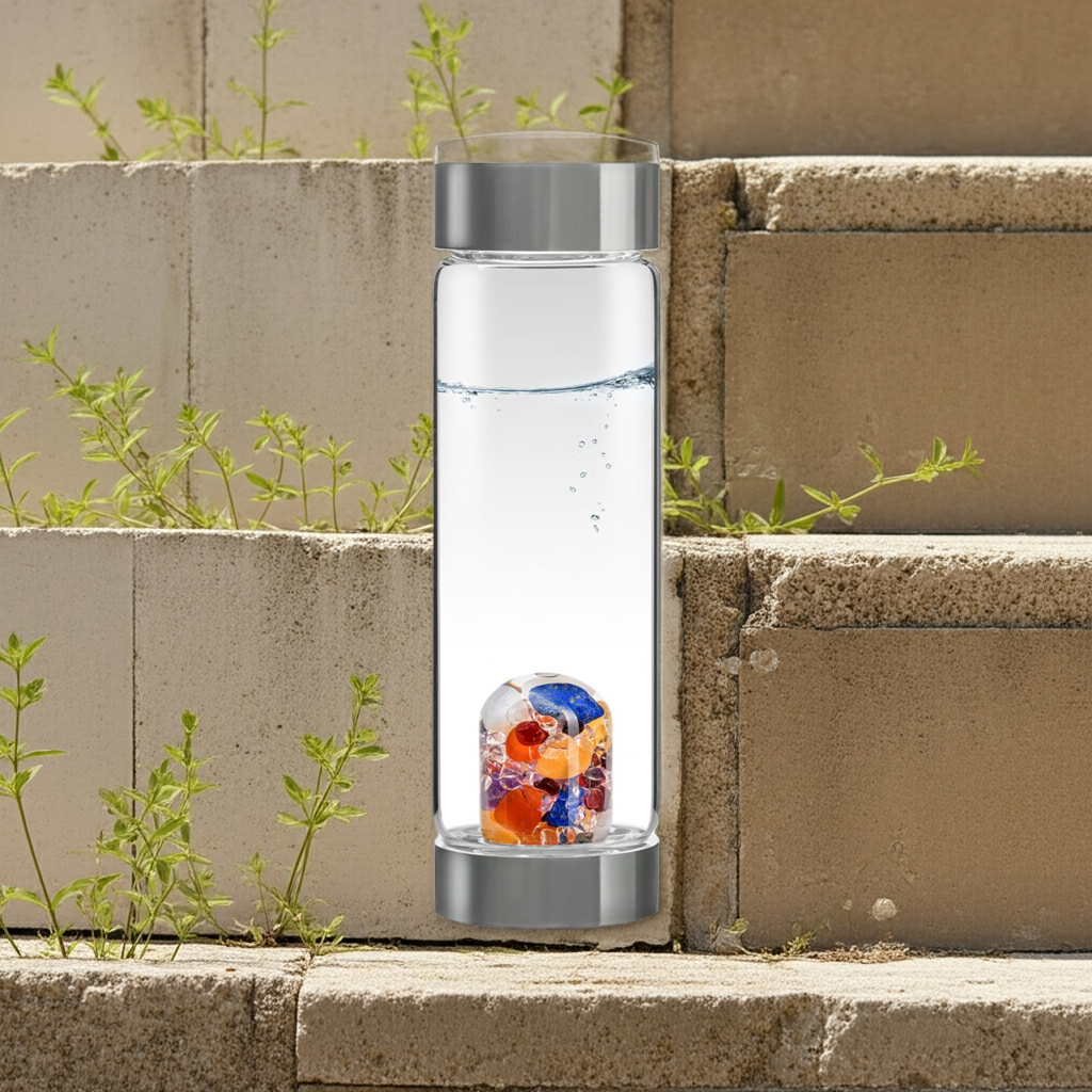Trinkflasche ViA | AYURVEDA – Milchopal · Amethyst · Bergkristall · Lapislazuli · Granat · Karneol · Orangencalcit (500 ml)