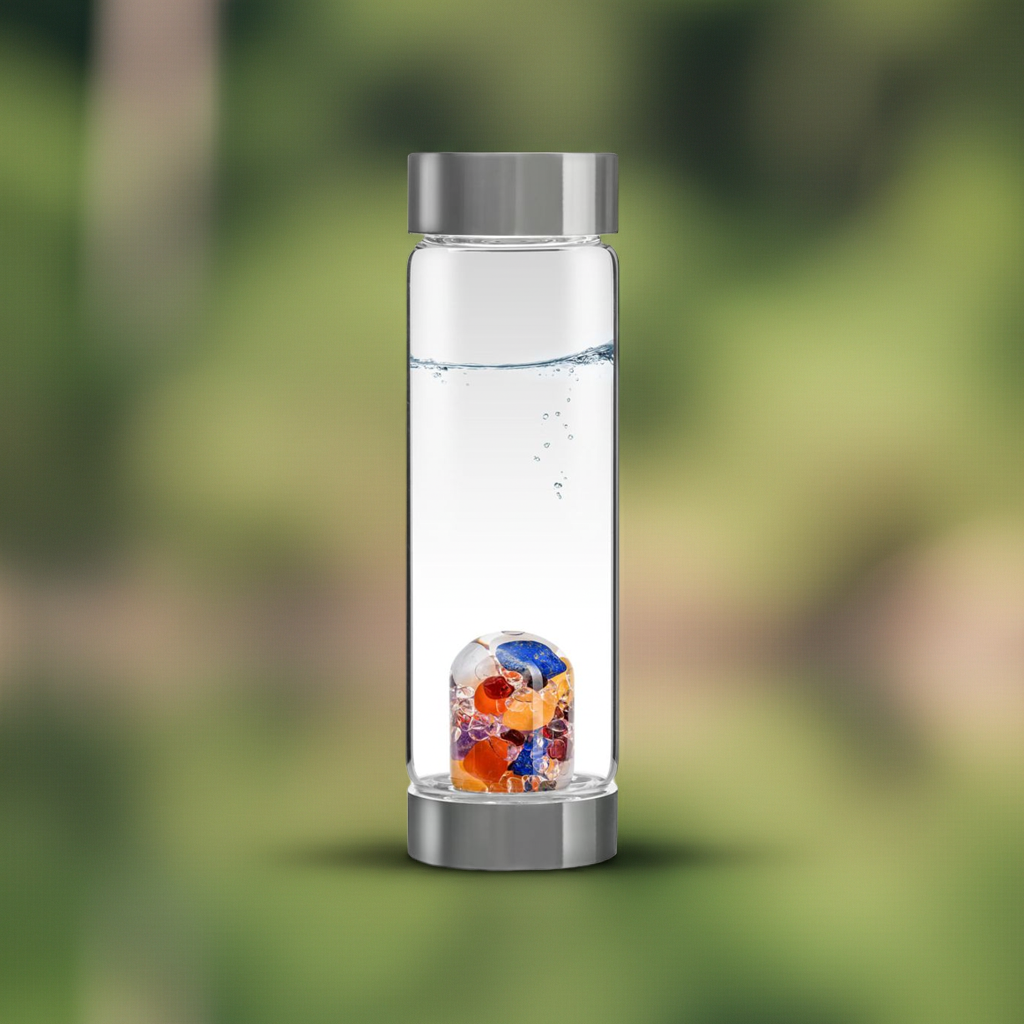 Trinkflasche ViA | AYURVEDA – Milchopal · Amethyst · Bergkristall · Lapislazuli · Granat · Karneol · Orangencalcit (500 ml)