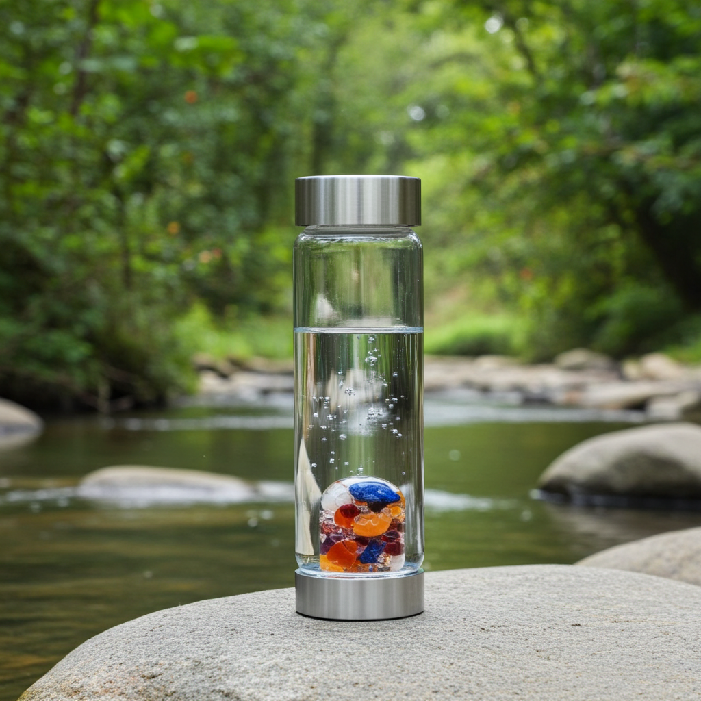 Trinkflasche ViA | AYURVEDA – Milchopal · Amethyst · Bergkristall · Lapislazuli · Granat · Karneol · Orangencalcit (500 ml)