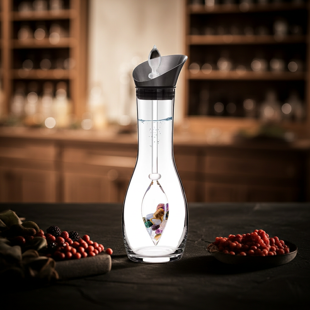 Karaffe era Set | FIVE ELEMENTS (Amethyst – Chalcedon – Versteinertes Holz – Rosenquarz – Ozean Jaspis)